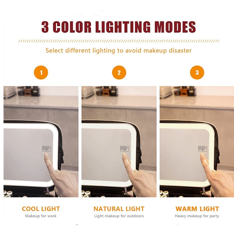 Women LED Light Cosmetic Bag 4K Full Screen Mirror Cosmetic Case Luxury PU Large Capacity Portable Travel Makeup Bags for Women Women LED Light Cosmetic Bag DailyAlertDeals   