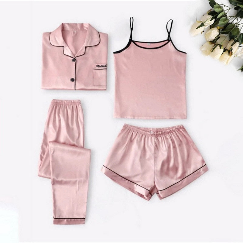 Sleepwear Female 5/4/2PCS Pajamas Set Sexy Satin Wedding Nightwear Rayon Home Wear Nighty Robe Suit  DailyAlertDeals 4PCS pink2 S 