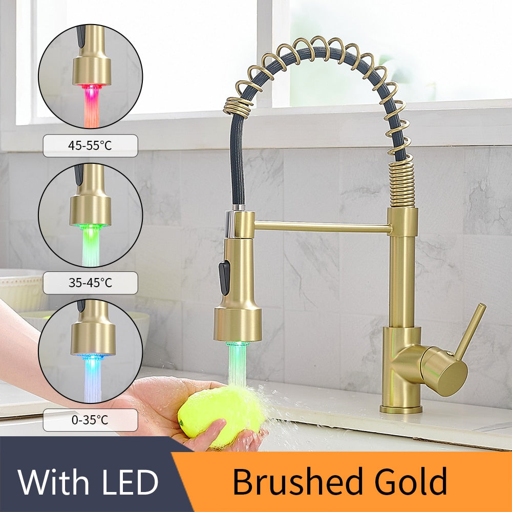Kitchen Faucets Brush Brass Faucets for Kitchen Sink  Single Lever Pull Out Spring Spout Mixers Tap Hot Cold Water Crane 9009 0 DailyAlertDeals LED Brushed Gold United States 
