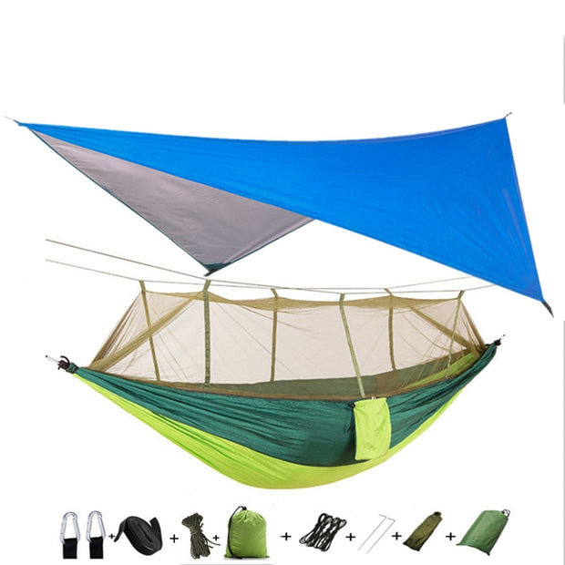 Lightweight Portable Camping Hammock and Tent Awning Rain Fly Tarp Waterproof Mosquito Net Hammock Canopy 210T Nylon Hammocks Camping Hammock and Tent DailyAlertDeals Blue and lightgreen  