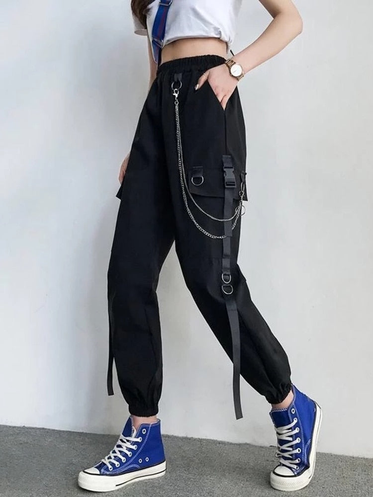Women Cargo Pants 2021 Harem Pants Fashion Punk Pockets Jogger Trousers With Chain Harajuku Elastics High Waist Streetwear 0 DailyAlertDeals   