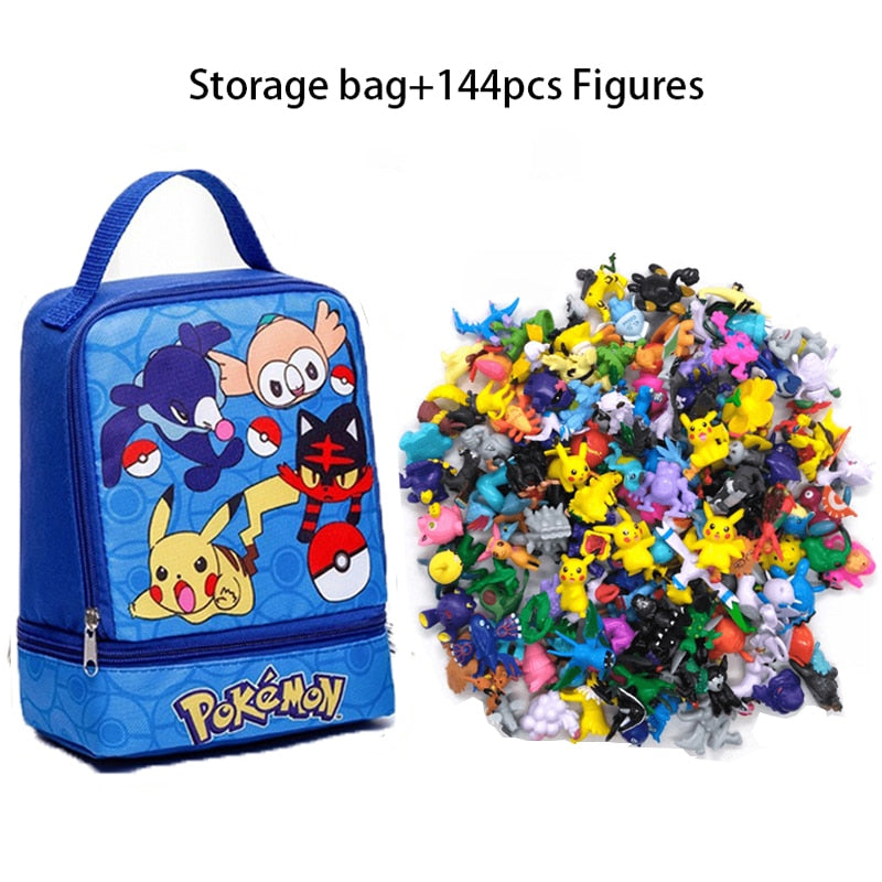 144Pcs/Set Pokemon Anime Figure with Storage Bag Kawaii Pikachu Action Figures Pokeball Dolls for Children Toys Gifts Pokemon Action Figures DailyAlertDeals Blue Bag Set 2-3cm figures 