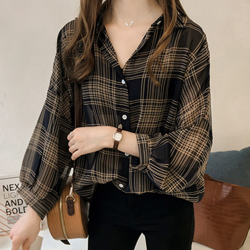 Fashion Casual Thin Chiffon Loose Batwing Sleeve Plaid Women Shirt 2022 Office Lady All-match Lapel Button Oversize Woman Blouse 0 DailyAlertDeals Black XS 