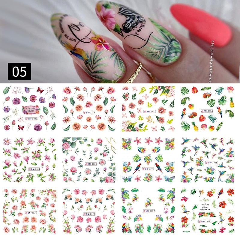 12 Designs Nail Stickers Set Mixed Floral Geometric Nail Art Water Transfer Decals Sliders Flower Leaves Manicures Decoration 0 DailyAlertDeals