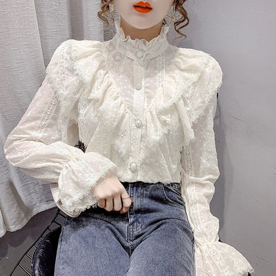 Korean Style Stand Collar Pleated Tops Fashion Ruffle Stitching Elegant Lace Blouse Long Sleeve Loose Chiffon Shirt Blusas 15832 0 DailyAlertDeals Apricot S 