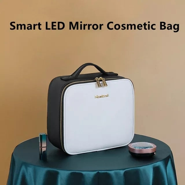 2022 Smart LED Cosmetic Case with Mirror Cosmetic Bag Large Capacity Fashion Portable Storage Bag Travel Makeup Bags for Women Cosmetic & Toiletry Makeup Bags with Mirror DailyAlertDeals LED White  