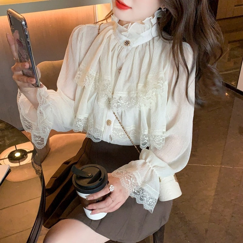 Fashion Korean Blouse Women Blusas Stand Collar Chiffon Shirts Long Sleeve Ruffles Lace Blouses Vintage Elegant Femme Tops 23057 0 DailyAlertDeals   