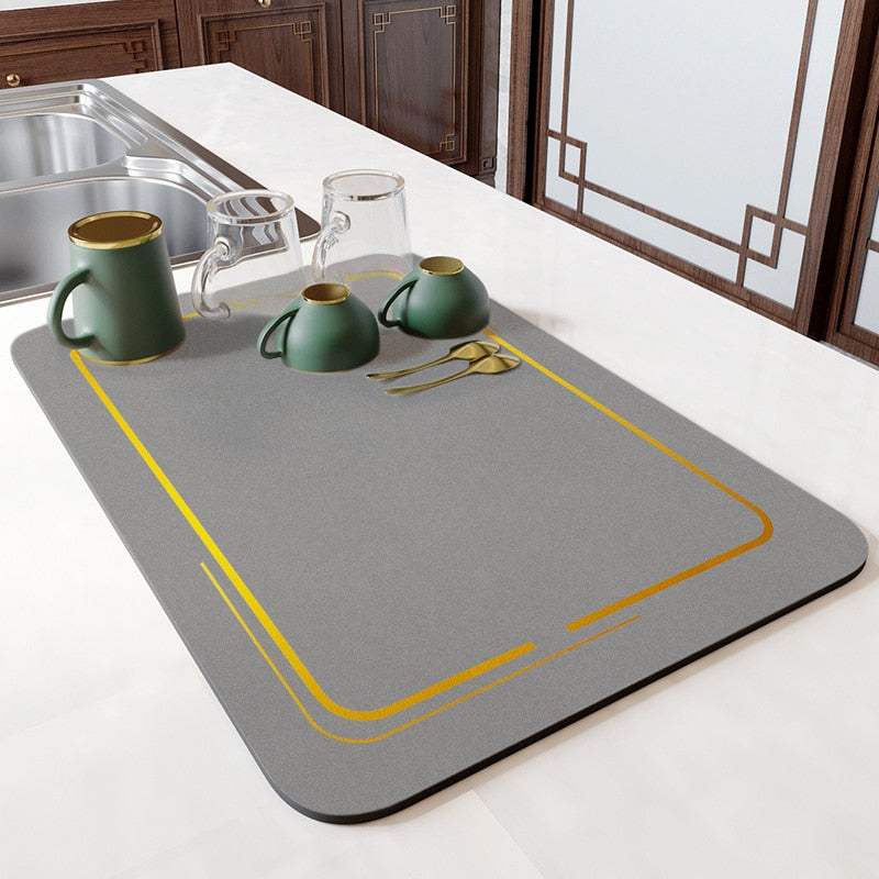Kitchen Rubber Pad Dish Drying Mat Super Absorbent Drainer Mats Tableware Bottle Rugs Kitchen Dinnerware Placement Rubber pads DailyAlertDeals Grey gold line mat W20 x L30CM 