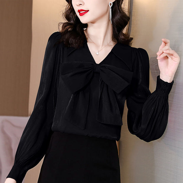 Elegant Fashion Bow Lantern Long Sleeve Shirt Woman Clothing 2022 Spring New Office Lady V-Neck Loose Oversized Commuter Blouse 0 DailyAlertDeals Black XS 