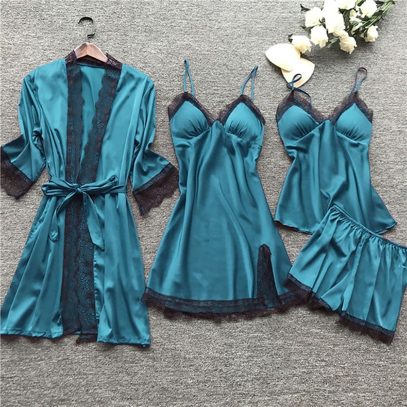 Sleepwear Female 5/4/2PCS Pajamas Set Sexy Satin Wedding Nightwear Rayon Home Wear Nighty Robe Suit  DailyAlertDeals 4PCS blue S 