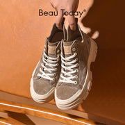 BeauToday Casual Sneakers Women Suede Leather Round Toe Lace-Free High Top Ladies Retro Fashion Flat Shoes Handmade 29575 0 DailyAlertDeals   
