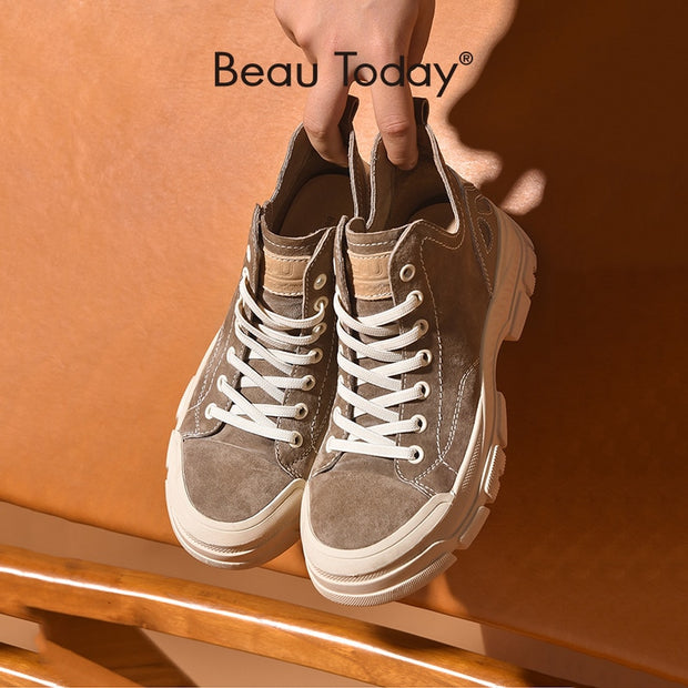 BeauToday Casual Sneakers Women Suede Leather Round Toe Lace-Free High Top Ladies Retro Fashion Flat Shoes Handmade 29575 0 DailyAlertDeals   