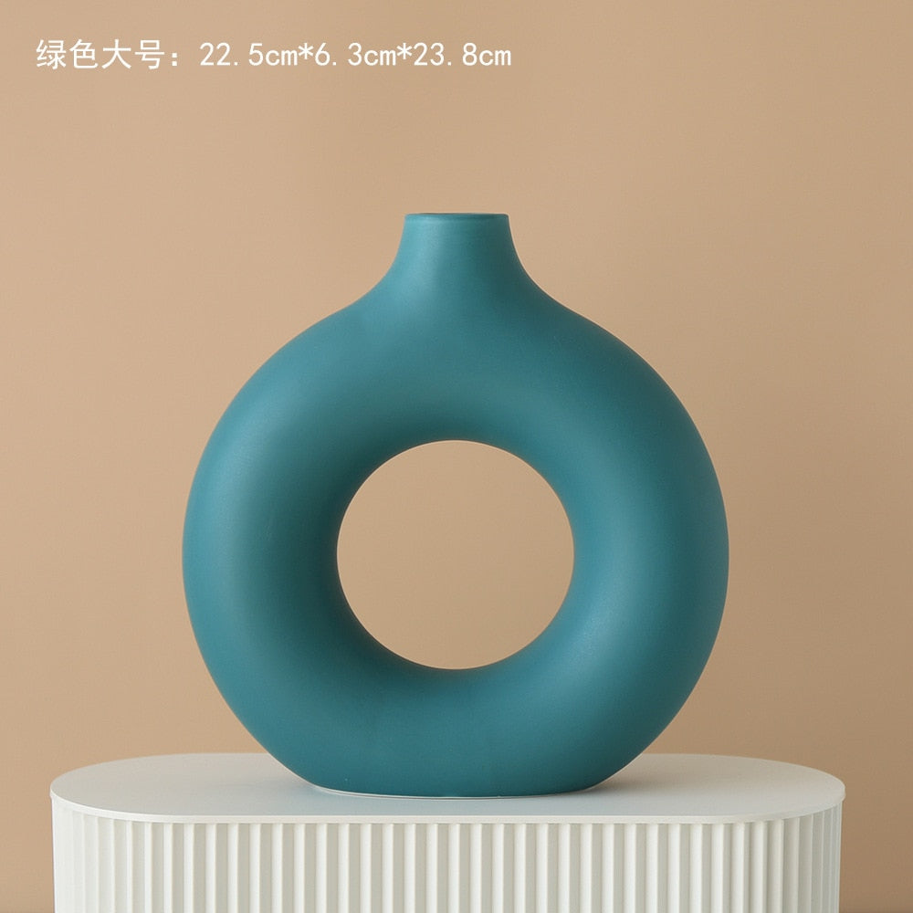 Nordic Modern Ceramic Vases for Decor Circular Hollow Donuts Vases for Flowers Pot Home Living Room Decoration Accessories Interior Office Desktop Decor Gift Vases DailyAlertDeals TTQ-GREEN-L  