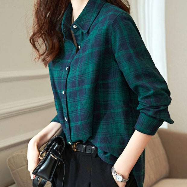 Thin Single Breasted Slim Women Shirt Office Lady Polo-neck Long Sleeve Button Women&#39;s Clothing Plaid Spring Autumn Korean Trend 0 DailyAlertDeals   