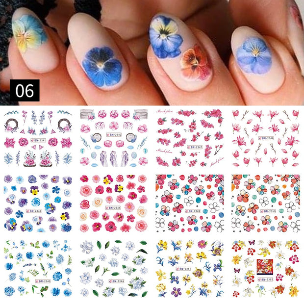12 Designs Nail Stickers Set Mixed Floral Geometric Nail Art Water Transfer Decals Sliders Flower Leaves Manicures Decoration 0 DailyAlertDeals BN2341-2352  