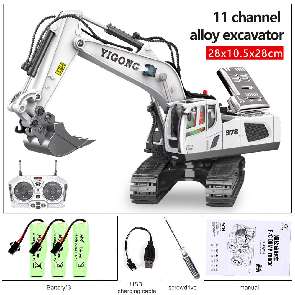 2.4G High Tech 11 Channels RC Excavator Dump Trucks Bulldozer Alloy Plastic Engineering Vehicle Electronic Toys For Boy Gifts RC Excavator Dump Trucks Bulldozer toy for children DailyAlertDeals BC1043 White 3B China 