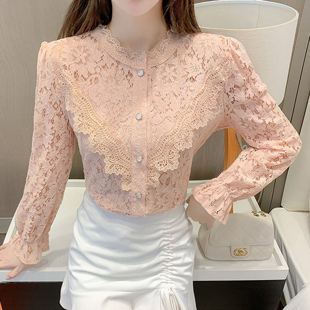 Fashion New Elegant Lace Shirt Women Long Sleeve White Blouse Women Slim Hollow Out Stand Collar Blouses Tops Woman Blusas 17246 0 DailyAlertDeals Pink S 