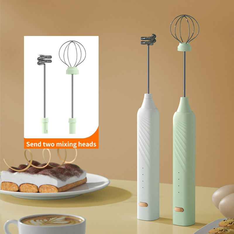 2 In 1 Exchangeable Stirring Heads Handheld Electric Milk Frother 3 Speeds Coffee Mixer Egg Beater Rechargeable Foam Maker Tools Electric Milk Frother DailyAlertDeals   