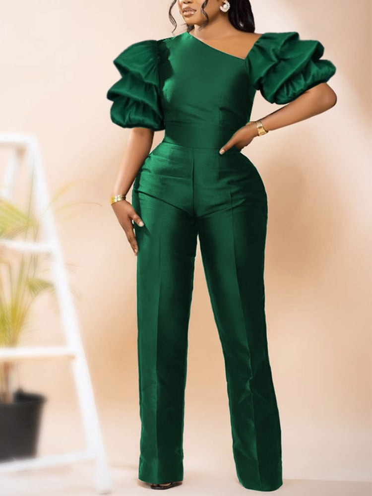 Women Jumpsuits Shiny Skew Collar Puff Sleeves High Waist One Piece Slim Elegant Office Ladies Summer Fashion Party Elegant New High Waist One Piece Slim Elegant Suit for women DailyAlertDeals   