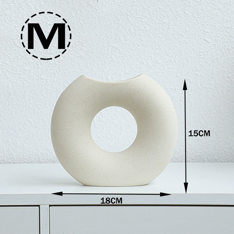 Nordic Modern Ceramic Vases for Decor Circular Hollow Donuts Vases for Flowers Pot Home Living Room Decoration Accessories Interior Office Desktop Decor Gift Vases DailyAlertDeals M - ban yue Mi huang  