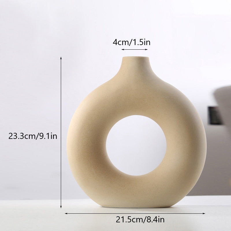 Nordic Modern Ceramic Vases for Decor Circular Hollow Donuts Vases for Flowers Pot Home Living Room Decoration Accessories Interior Office Desktop Decor Gift Vases DailyAlertDeals TTQ-Beige-L  