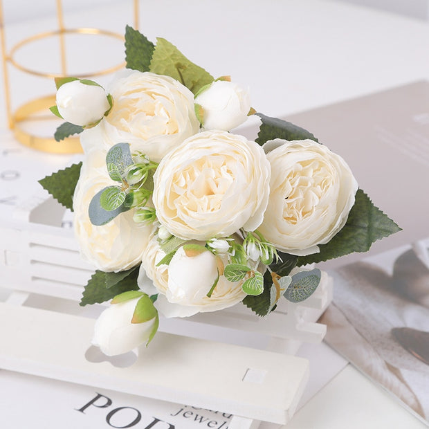 30cm Rose White Peony Artificial Flora Flowers Bouquet 5 Big Head and 4 Bud Cheap Fake Flowers for Home Wedding Decoration Indoor Artificial flora flowers DailyAlertDeals   