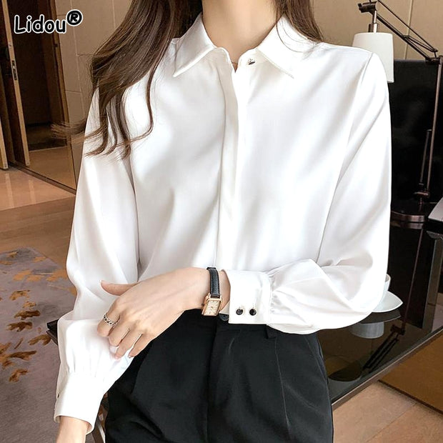 Elegant Fashion Korean White Long Sleeve Covered Button Comfortable Blouses Straight Loose Wild Solid Color Shirt Women Clothing 0 DailyAlertDeals White S 