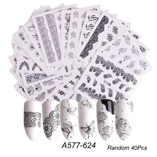 18-50Pcs/Set Mixed Design New Nail Art Sticker Set Black Lace Gold Silver Glitter Flower Water Decal Slider Wraps Decor Manicure Nail Sticker DailyAlertDeals A577-624 (40pcs)  