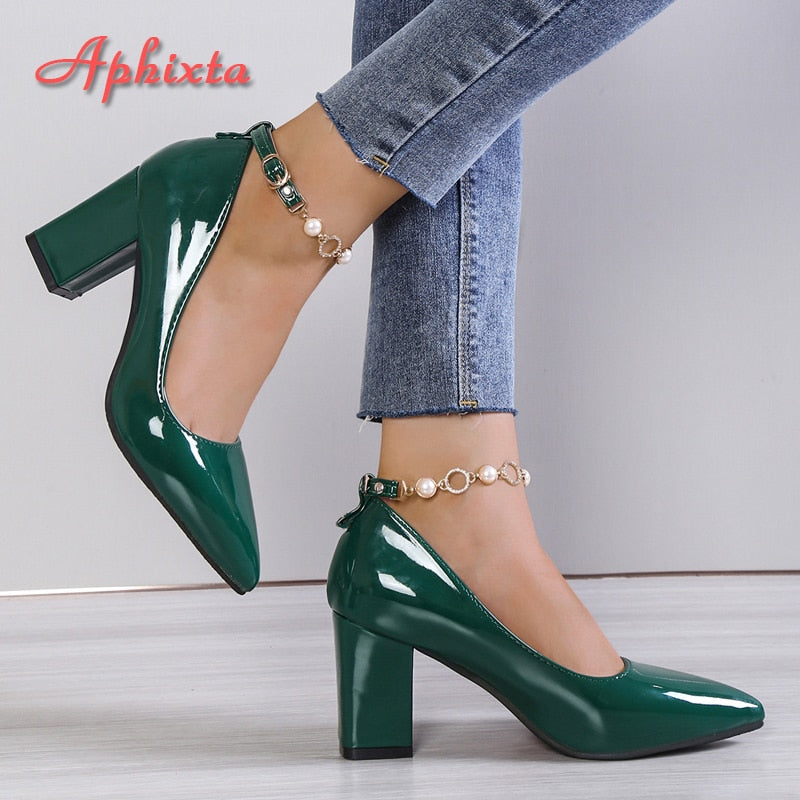 Aphixta 2023 New Luxury Rhinestone Pearl Chain 7cm Chunky Heels Pumps Women Shoes String Bead Pointed Toe Bling Crystals Pumps shoes DailyAlertDeals Dark green 36  (23.0cm) 