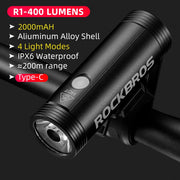 ROCKBROS Bike Light Rainproof Type-C Charging LED 2000mAh MTB Front Lamp Headlight Aluminum Ultralight Flashlight Bicycle Light USB Charging LED Flashlight for Bicycle DailyAlertDeals R1-400LM Type-C China 