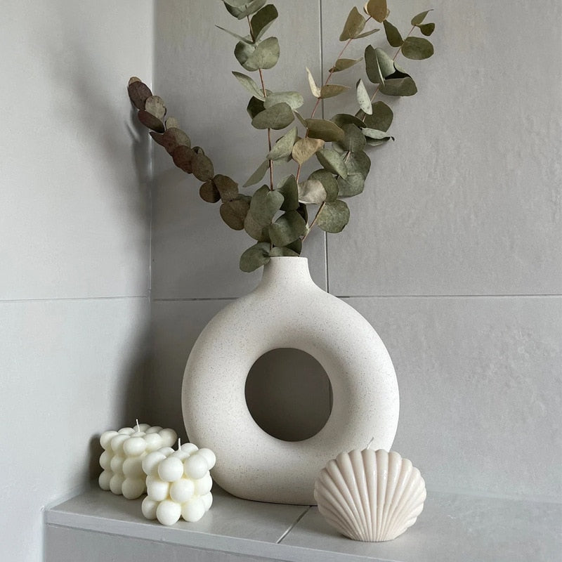 Nordic Vase Circular Hollow Ceramic Donuts Flower Pot Home Living Room Decoration Accessories Interior Office Desktop Decor Gift Vases DailyAlertDeals   