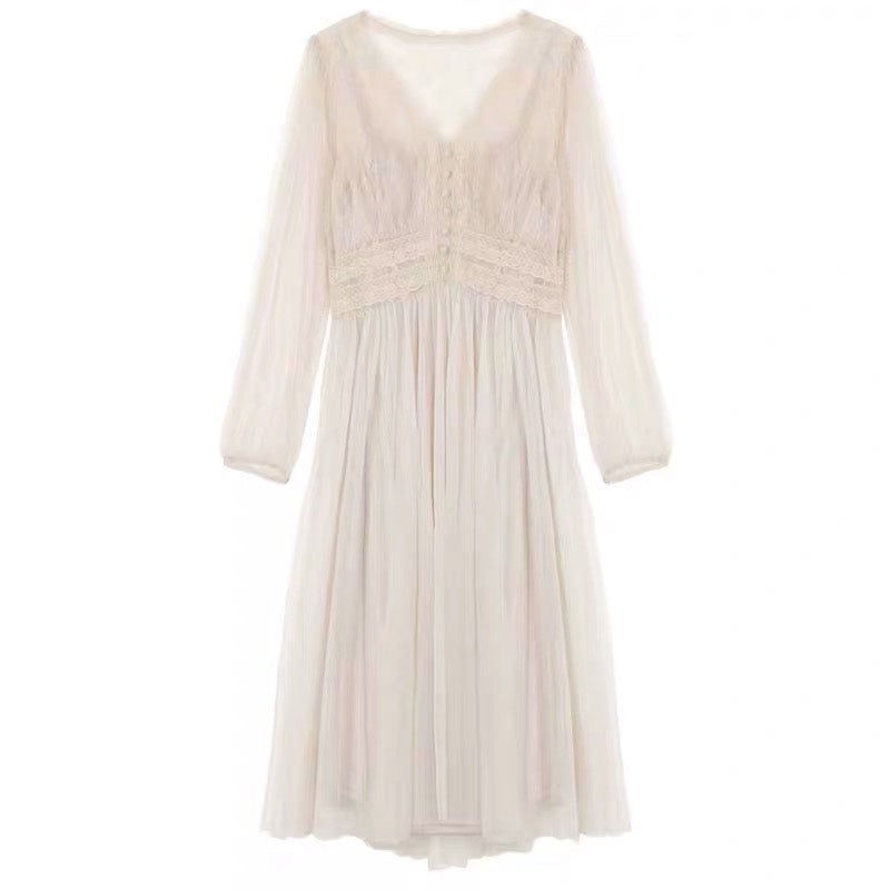 2022 Women Spring New Dress Vintage Elegant with Button A-Line Dress Solid Puff Sleeve Lace Voile Mesh Dress Women Vestidos 8126 0 DailyAlertDeals   