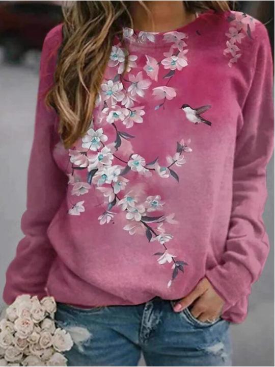Autumn Women&#39;s Printed Long Sleeve Casual Round Neck Floral print T-shirt Loose Plus Size Top 0 DailyAlertDeals Pink S 