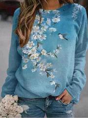 Autumn Women&#39;s Printed Long Sleeve Casual Round Neck Floral print T-shirt Loose Plus Size Top 0 DailyAlertDeals Blue S 