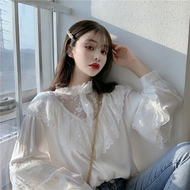 Autumn Korean Sweet Loose Clothes Lace Up Ruffled Women Blouses Fashion Stand Collat Ladies Tops Vintage Lace Shirts Women 11335 0 DailyAlertDeals   
