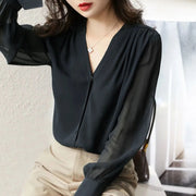 Elegant Summer Gauze Long Sleeve Solid Color Button V-neck Blouses Straight Loose Chiffon Thin Comfortable Women&#39;s Clothing 2022 0 DailyAlertDeals Black M 