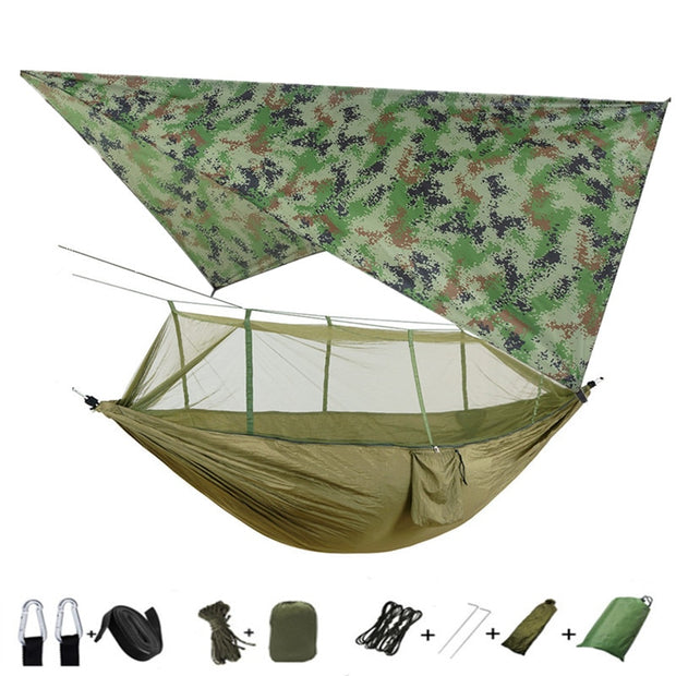 Lightweight Portable Camping Hammock and Tent Awning Rain Fly Tarp Waterproof Mosquito Net Hammock Canopy 210T Nylon Hammocks Camping Hammock and Tent DailyAlertDeals camouflage and green  