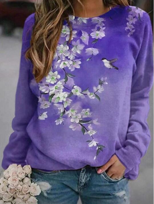 Autumn Women&#39;s Printed Long Sleeve Casual Round Neck Floral print T-shirt Loose Plus Size Top 0 DailyAlertDeals Purple S 