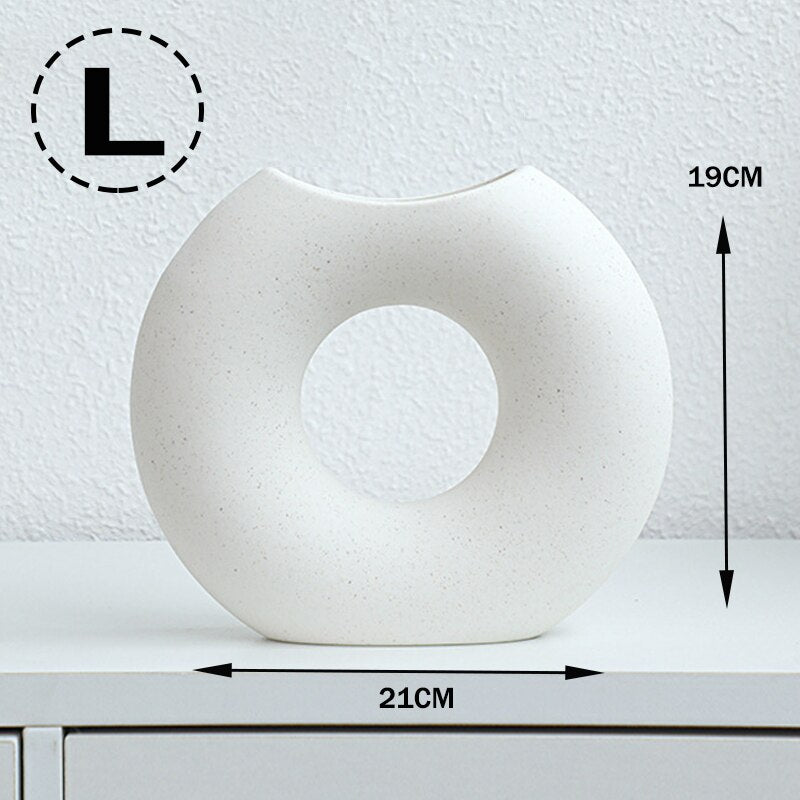 Nordic Vase Circular Hollow Ceramic Donuts Flower Pot Home Living Room Decoration Accessories Interior Office Desktop Decor Gift Vases DailyAlertDeals ban yue bai L  