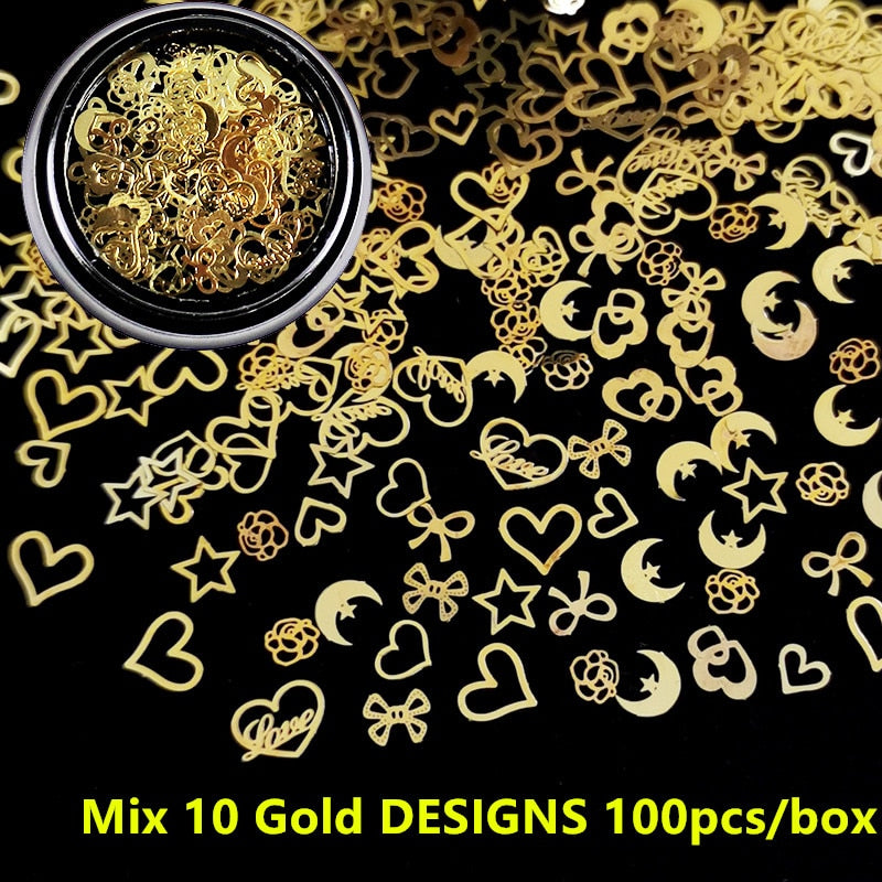100Pcs/Lot Gold Metal Nail Decals Ultra-thin Flakes Nail Bling Rhinestone Cute 3D Nail Art Decorations Charm Nail Art Rivets 0 DailyAlertDeals 726  