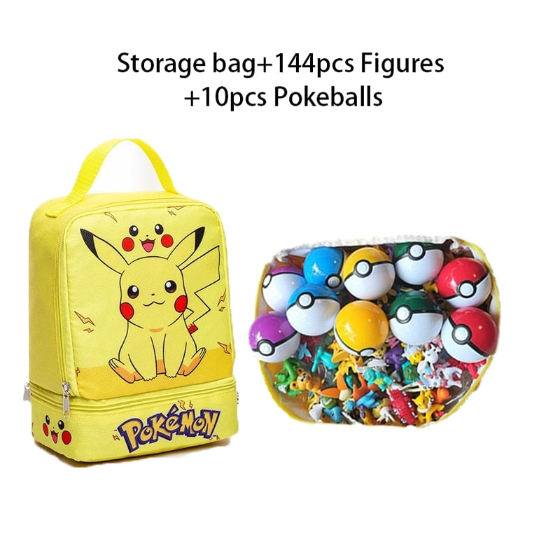 144Pcs/Set Pokemon Anime Figure with Storage Bag Kawaii Pikachu Action Figures Pokeball Dolls for Children Toys Gifts Pokemon Action Figures DailyAlertDeals Pokeball Yellow Set 2-3cm figures 