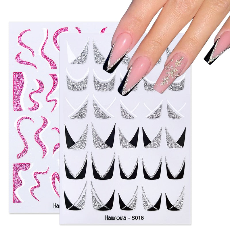 Harunouta Silver Black Geometric Textured Lines Stripe 3D Nail Sticker Flower Leaves Self Adhesive Transfer Sliders Paper Nail Stickers DailyAlertDeals   