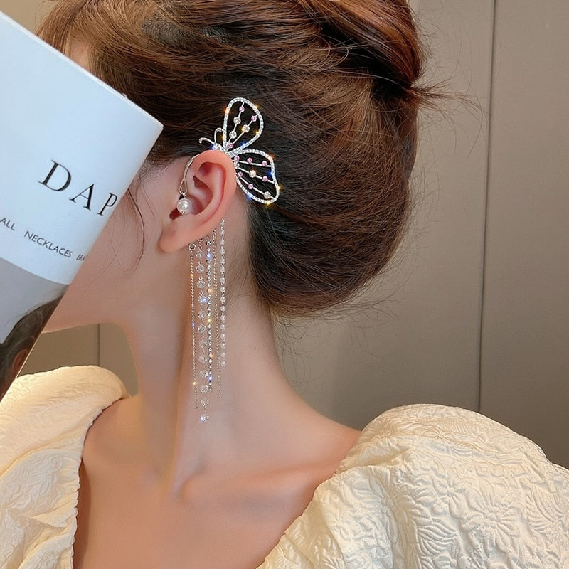 Shining Zircon Butterfly Ear Cuff Earrings for Women Girls Fashion 1pc Non Piercing Ear Clip Ear-hook Party Wedding Jewelry Gift 0 DailyAlertDeals F left ear silver  
