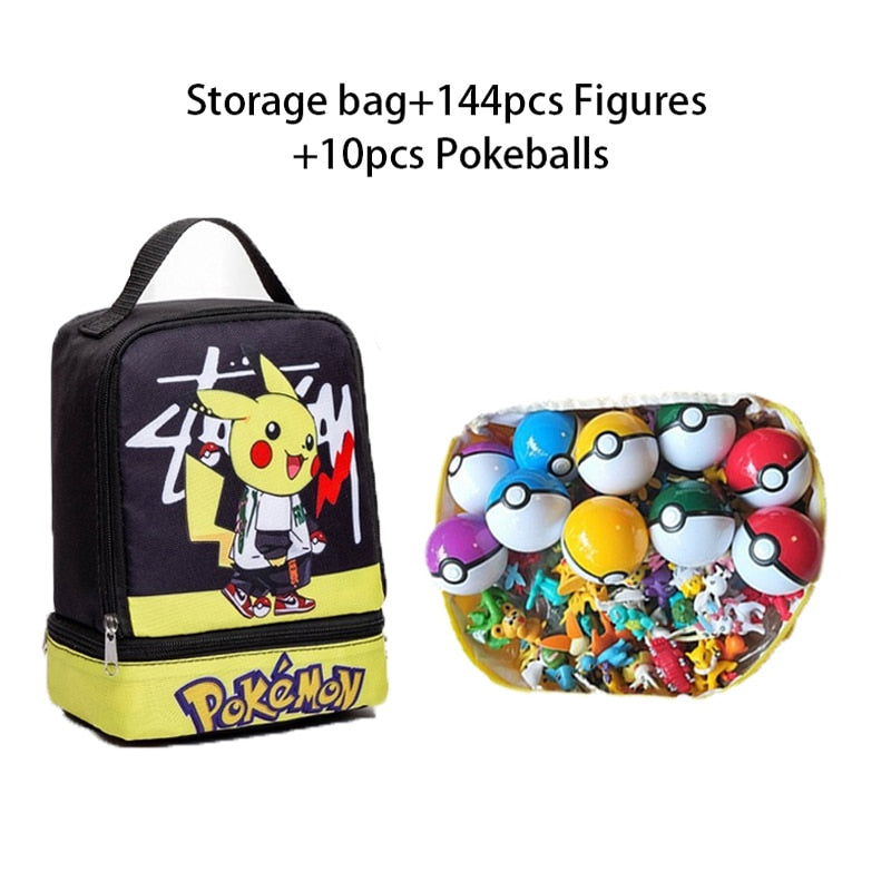 144Pcs/Set Pokemon Anime Figure with Storage Bag Kawaii Pikachu Action Figures Pokeball Dolls for Children Toys Gifts Pokemon Action Figures DailyAlertDeals Pokeball Black Set 2-3cm figures 