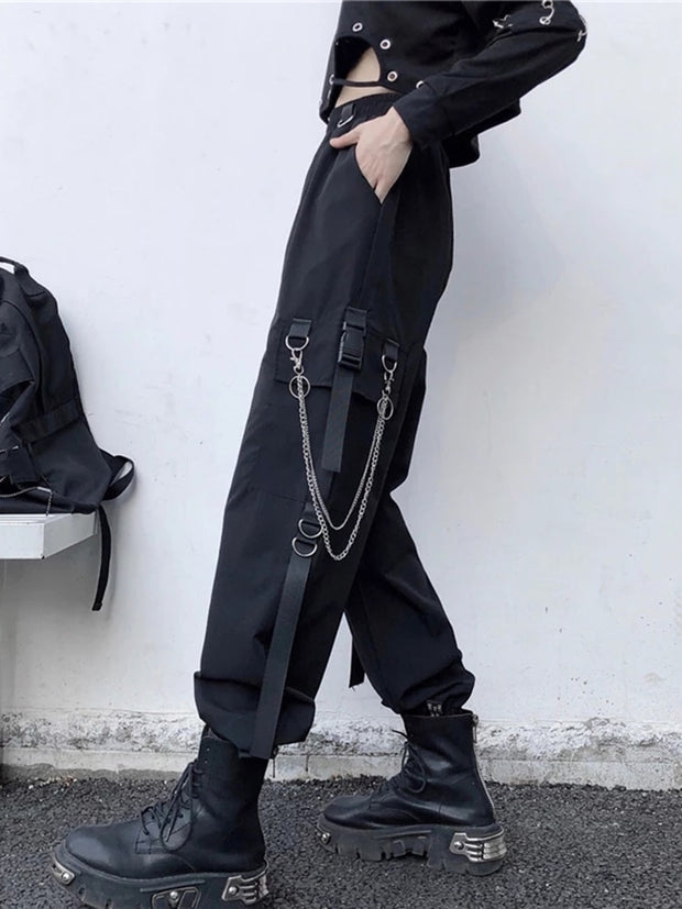 Women Cargo Pants 2021 Harem Pants Fashion Punk Pockets Jogger Trousers With Chain Harajuku Elastics High Waist Streetwear 0 DailyAlertDeals   