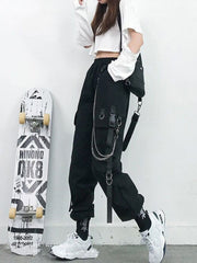 Women Cargo Pants 2021 Harem Pants Fashion Punk Pockets Jogger Trousers With Chain Harajuku Elastics High Waist Streetwear 0 DailyAlertDeals Black S 