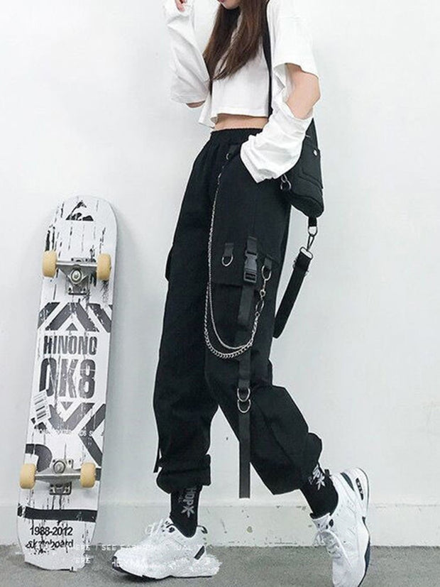 Women Cargo Pants 2021 Harem Pants Fashion Punk Pockets Jogger Trousers With Chain Harajuku Elastics High Waist Streetwear 0 DailyAlertDeals Black S 