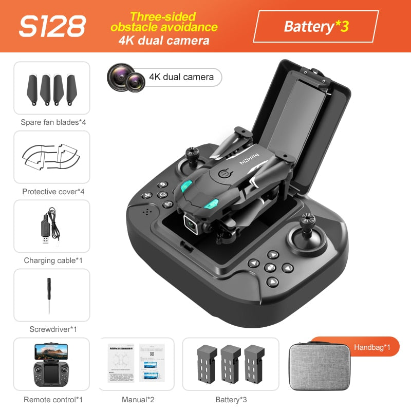 S128 Mini Drone 4K HD Camera Three-sided Obstacle Avoidance Air Pressure Fixed Height Professional Foldable Quadcopter Toys S128 Mini Drone 4K HD Camera DailyAlertDeals Black Dual4K Bag 3B China 