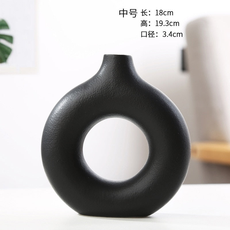 Nordic Vase Circular Hollow Ceramic Donuts Flower Pot Home Living Room Decoration Accessories Interior Office Desktop Decor Gift Vases DailyAlertDeals TTQ-HEI-M  