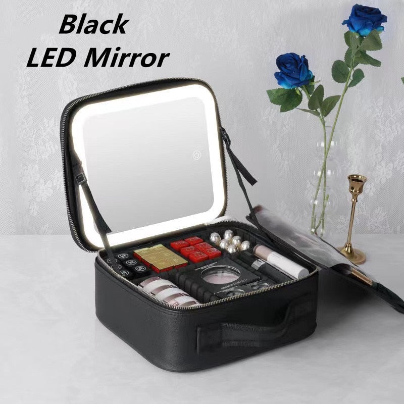 Women LED Light Cosmetic Bag 4K Full Screen Mirror Cosmetic Case Luxury PU Large Capacity Portable Travel Makeup Bags for Women Women LED Light Cosmetic Bag DailyAlertDeals LED Black China 